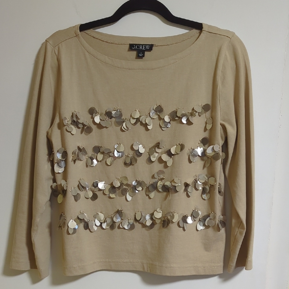 J.Crew Tan Beige Cotton Sequin 3/4 Sleeve Top Size small